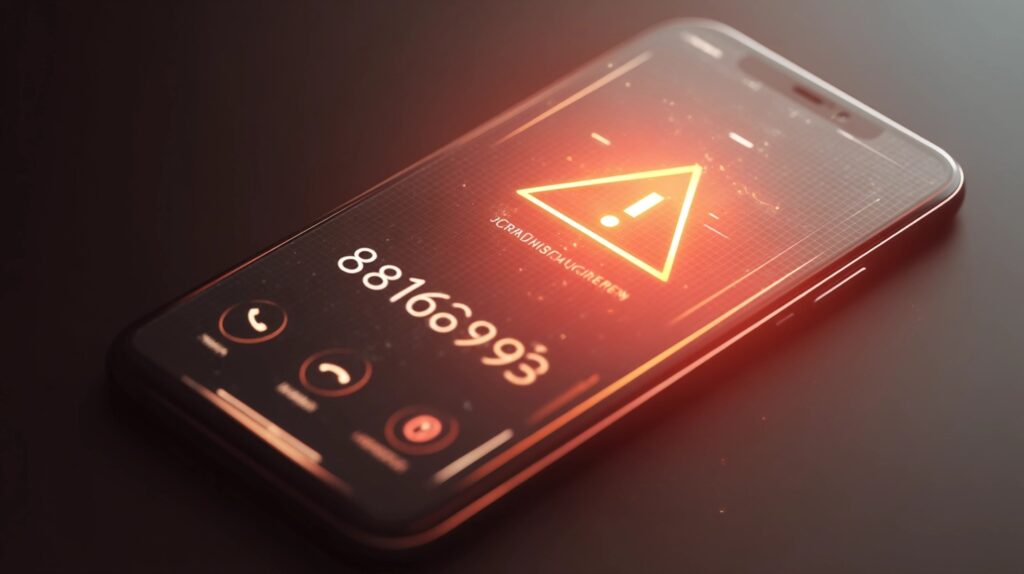 +881の番号が表示されたスマートフォンの着信画面と警告マークのイラスト、国際電話詐欺注意喚起
