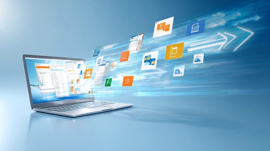 ノートパソコンからMicrosoft Officeアプリケーション（Word、Excel、PowerPoint、Outlook）がクラウドに移行する様子を表現したイラスト。Office移行プロセスの視覚化