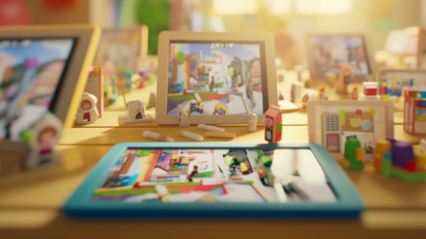 教室でiPadを使用してコマ撮りアニメーションを制作する小学生たちの様子