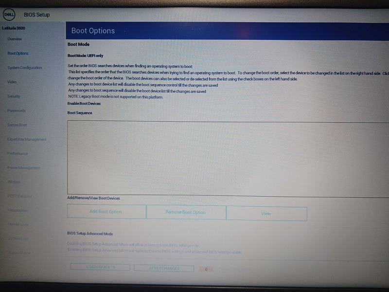 Dell Latitude 3500のBIOS Setup画面。Boot Mode: UEFI onlyと表示され、Legacy Boot modeは非対応と記載されている