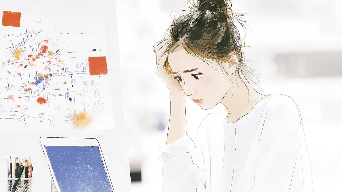 パソコンの青い画面を前に頭を抱えて困っている女性のイラスト。BitLocker回復キーを求められて起動できないトラブルのイメージ。