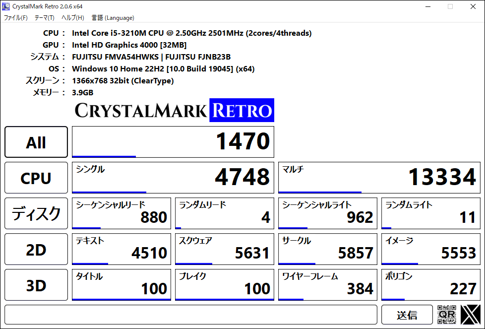 富士通 LIFEBOOK AH54/H CrystalMark Retro ベンチマーク結果 総合スコア1470